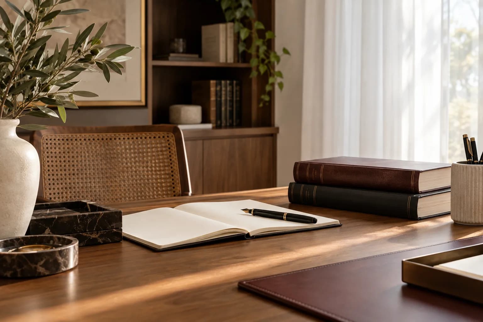 Doğal ışık alan bir çalışma masası, defter ve hukuk kitapları